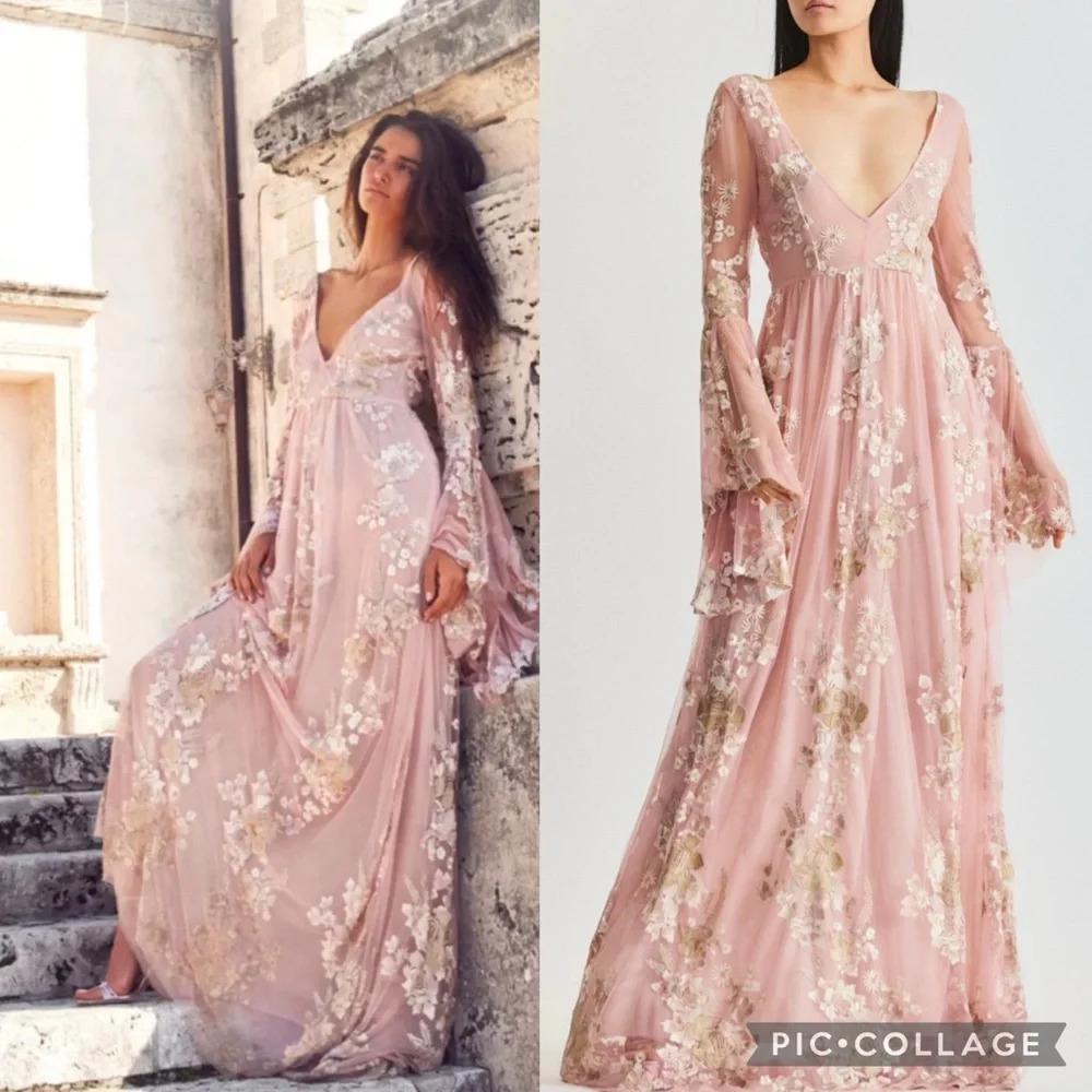 LoveShackFancy Brixton Floral Appliqué Powder Pink Maxi Dress